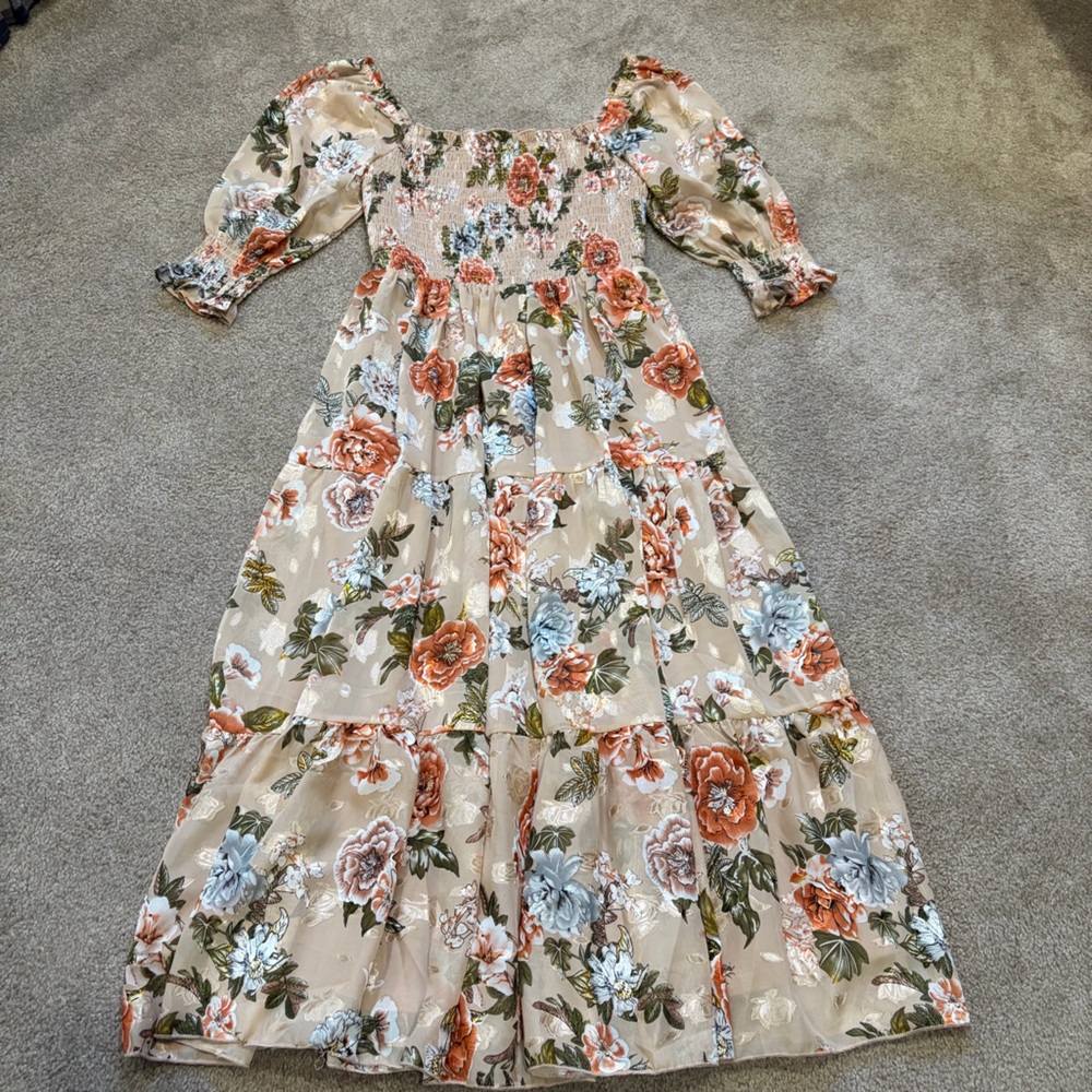 NWT Baltic Born SzSm taupe/peach/gold/floral tiered dress - Picture 5 of 15
